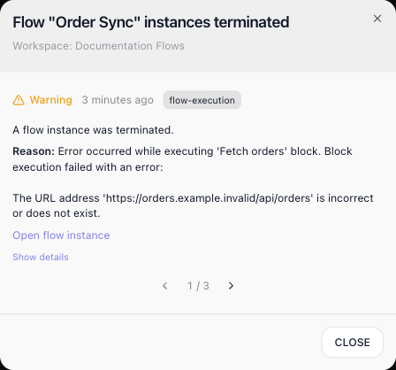 The pop-up for a notification about the Order Sync flow: the title Flow "Order Sync" instances terminated, "Workspace: Documentation Flows", a Warning label, "3 minutes ago", a flow-execution chip, then "A flow instance was terminated." and the reason - the Fetch orders block failed because the URL https://orders.example.invalid/api/orders is incorrect or does not exist - an Open flow instance link, a Show details link, arrows around "1 / 3", and Close.