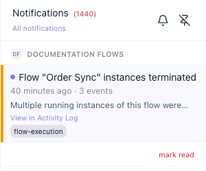 The top of the notification panel narrowed to unread messages: the link under the title now reads All notifications, and the Documentation Flows heading holds the unread Order Sync entry - "40 minutes ago · 3 events" - with "mark read" under it.