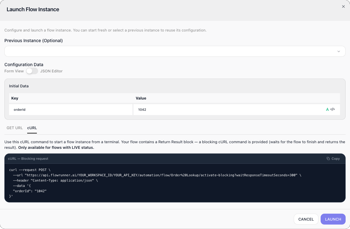 The same dialog on its cURL tab: the box labelled "cURL - Blocking request" holds a curl --request POST command with the activate-blocking URL, the Content-Type: application/json header, and a --data body of {"orderId": "1042"}.