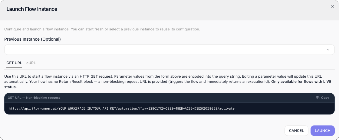 The Launch Flow Instance dialog for a flow without a Return Result block (Order Poller): a Previous Instance selector, no Initial Data form, and the GET URL tab explaining that the flow has no Return Result block so a non-blocking request URL is provided; the box labelled "GET URL - Non-blocking request" holds the URL ending in the flow's id followed by /activate.