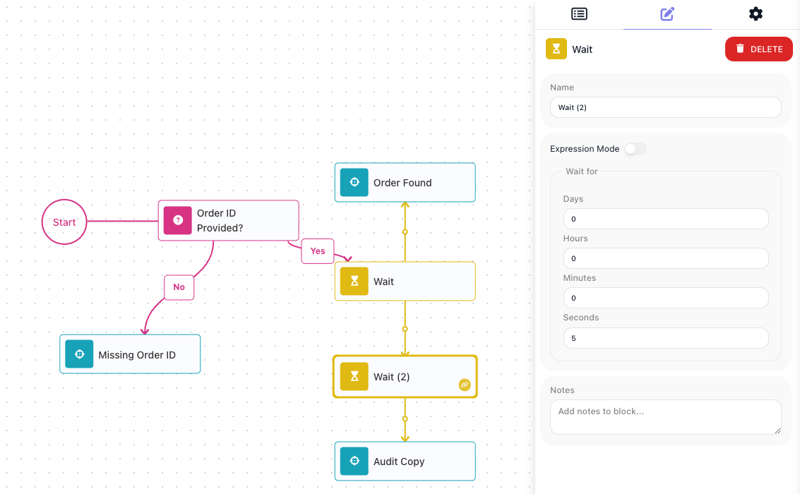 The Order Lookup canvas with a second branch: the Condition's Yes branch leads to a Wait, which fans out to Order Found and to Wait (2) followed by a Return Result named Audit Copy; the No branch still leads to Missing Order ID. Wait (2) is selected and its panel shows Wait for Seconds 5.