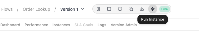 The header of a LIVE flow: the breadcrumb, then the toolbar with Pause, Stop, Schedule, Clone, Export and Run Instance icons followed by the Live badge, with the Run Instance tooltip open under the last icon; the flow's tab row sits below.