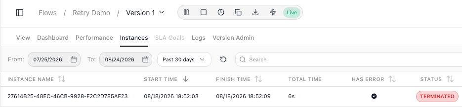 Retry Demo's Instances tab: the breadcrumb reads Flows / Retry Demo / Version 1 with a Live badge, the Instances tab is selected, and the one row shows instance name 27614B25-48EC-46CB-9928-F2C2D785AF23, start and finish times six seconds apart, a filled Has Error mark, and a red TERMINATED status badge.