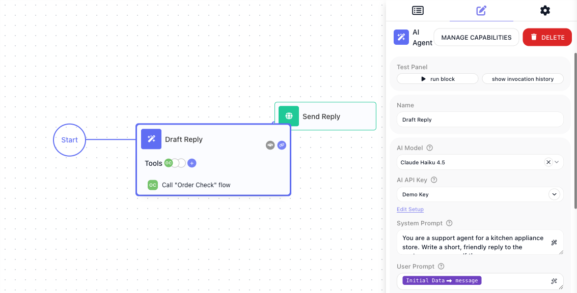 The Draft Reply flow: Start leads to an AI Agent block named Draft Reply whose Tools strip shows the Call "Order Check" flow tool, and on to a Send Reply block (HTTP Request). The configuration panel shows Claude Haiku 4.5, the Demo Key setup, a System Prompt describing a support agent for a kitchen appliance store, and a User Prompt bound to the Initial Data message.