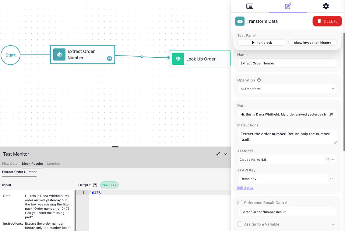 The Order Intake flow: Start leads to an Extract Order Number block (Transform Data), which leads to a Look Up Order block (HTTP Request). The configuration panel shows the AI Transform operation with the customer email in Data, the extract instruction, Claude Haiku 4.5, and the Demo Key setup. The Test Monitor shows the run succeeded with the result 10473.