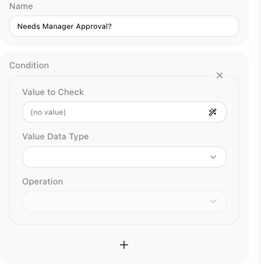 The Condition's settings panel: the Value to Check field with its expression icon, above the Value Data Type and Operation fields.
