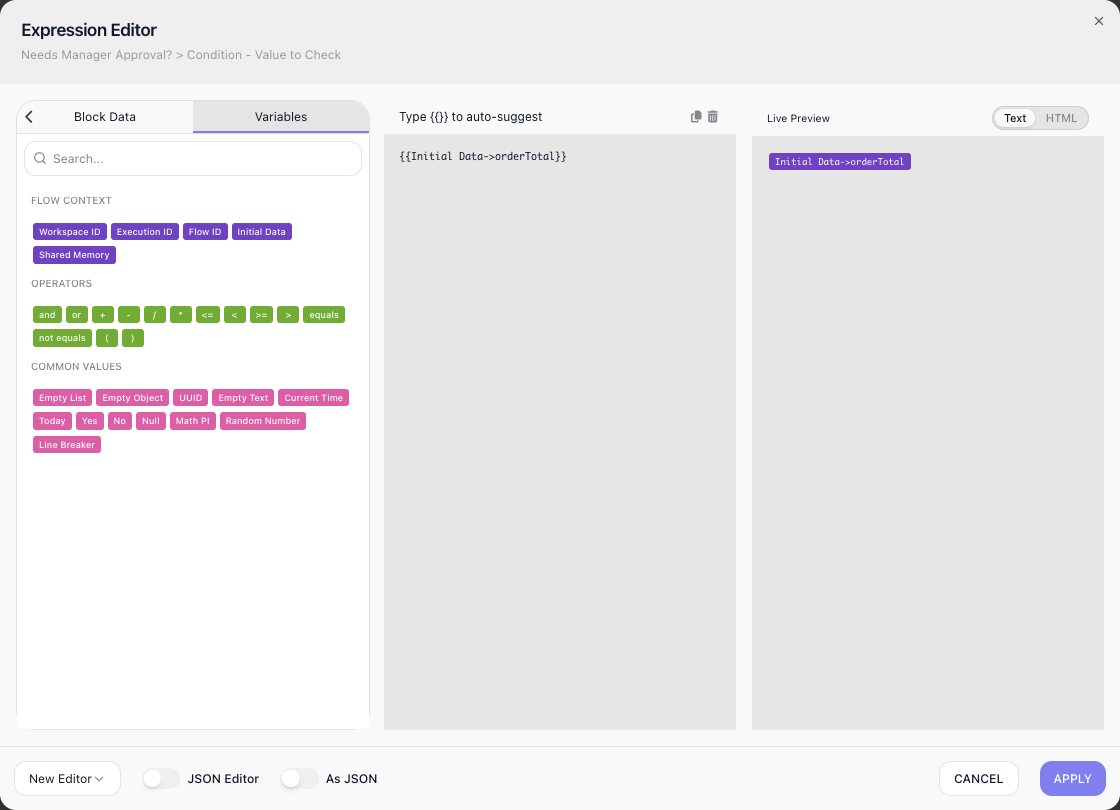 The Expression Editor open on Value to Check: the pill palette on the left, the Initial Data orderTotal reference in the middle, and the Live Preview showing it as a pill.