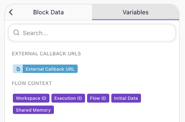 The Expression Editor of a step before the callback: an External Callback URL reference under External Callback URLs, and Execution ID under Flow Context, joined into one return address.