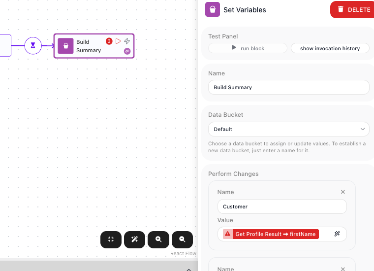 Under On Start, the Build Summary step cannot read the group's results: the reference to Get Profile Result shows a red error.
