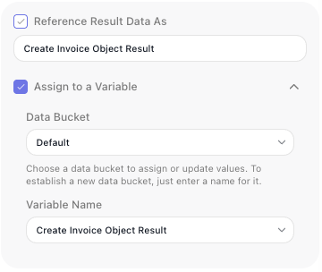 A block's configuration panel: Reference Result Data As is ticked and holds the alias HTTP Request Result, with Assign to a Variable unticked below it.
