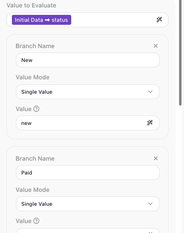 The Value Router's settings: Value to Evaluate reads the Initial Data status field, above a branch named New in Single Value mode matching new.