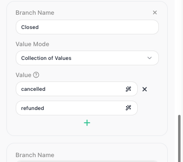 A branch named Closed in Collection of Values mode, matching two values: cancelled and refunded.