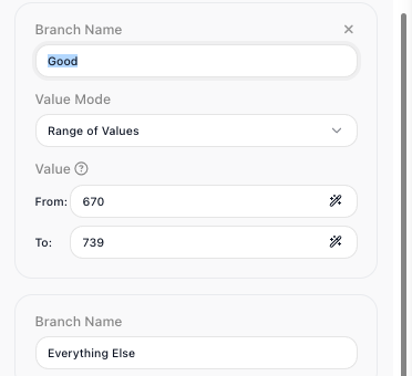 A branch named Good in Range of Values mode, matching From 670 To 739.