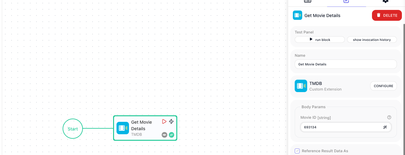 The Get Movie Details block wired after Start on the canvas, with its configuration panel showing the TMDB Custom Extension it belongs to and Movie ID set to 693134