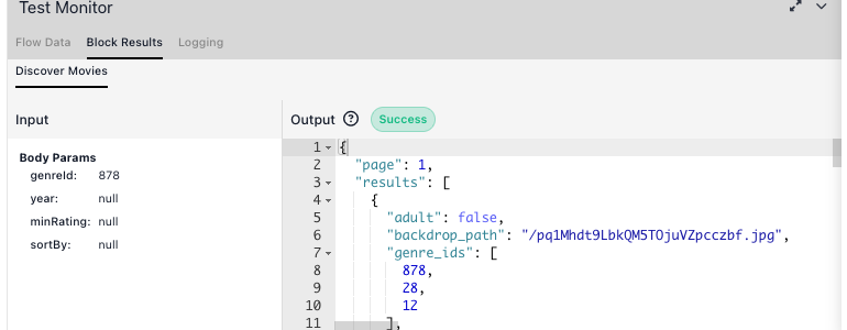 The Test Monitor's Block Results tab showing the input parameters on the left and the returned JSON marked Success on the right
