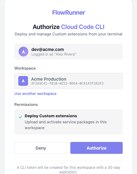 The authorize page on a later login, with the connected workspace shown as a fixed entry, a Use another workspace link beneath it, and the Authorize button enabled