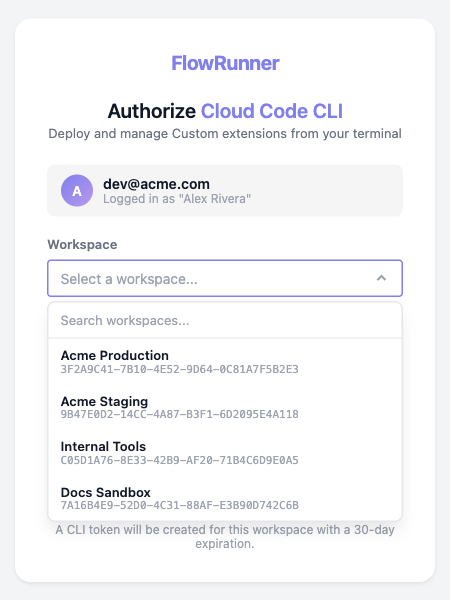 The CLI authorize page with the workspace dropdown open, listing the workspaces the signed-in account can reach, above a note that the token issued expires in 30 days