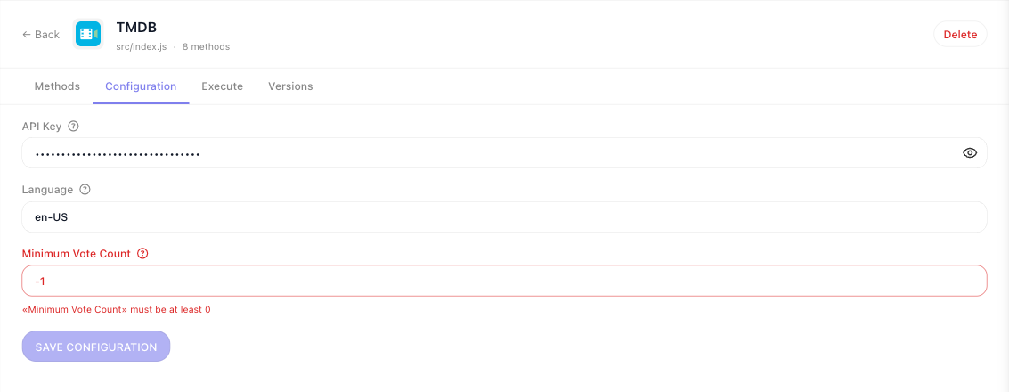 The TMDB Configuration tab after a failed save: Minimum Vote Count holds -1, its label and field outlined in red, with the message "Minimum Vote Count must be at least 0" beneath it, and the Save Configuration button disabled