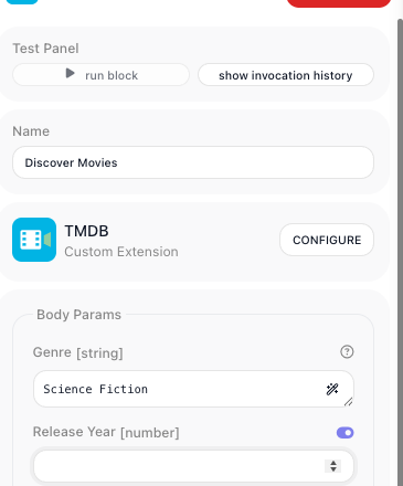 The Discover Movies configuration panel, showing the extension it belongs to and a Genre field holding the value Science Fiction rather than a numeric id