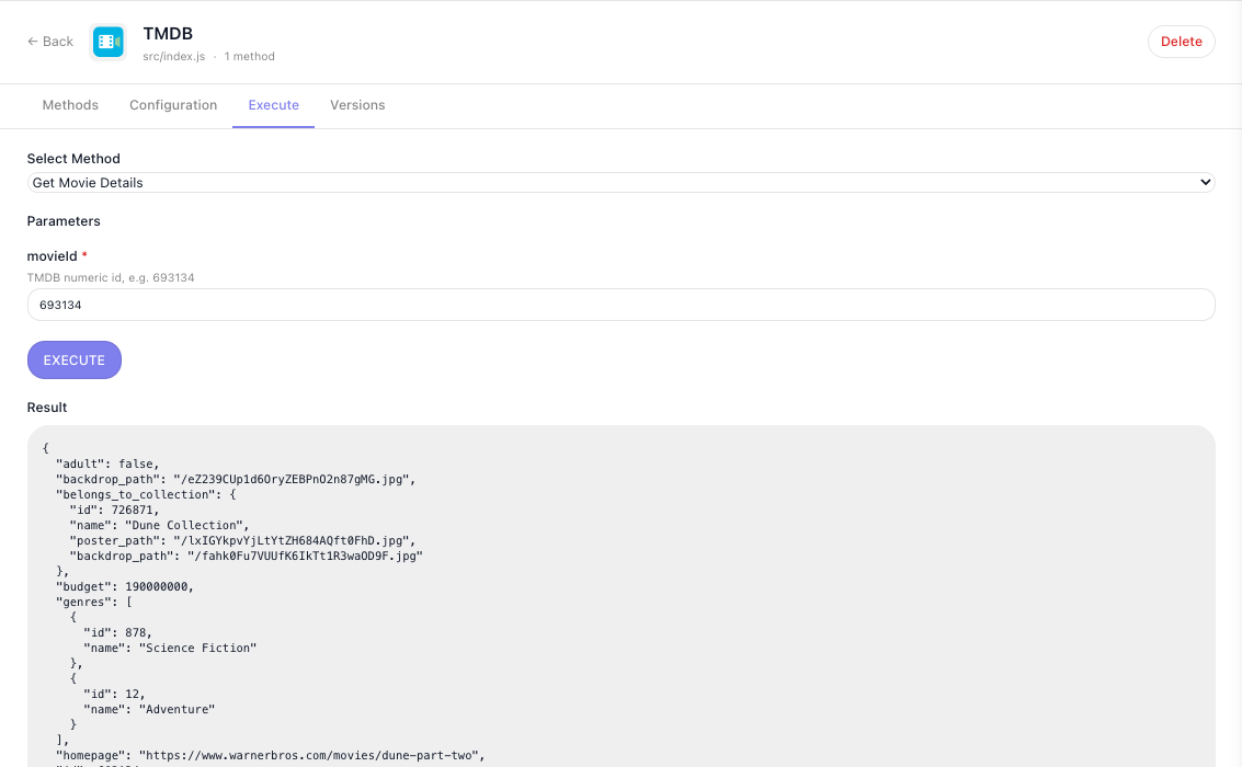 The Execute tab with Get Movie Details selected, movieId set to 693134, and the returned Dune: Part Two JSON below the Result heading