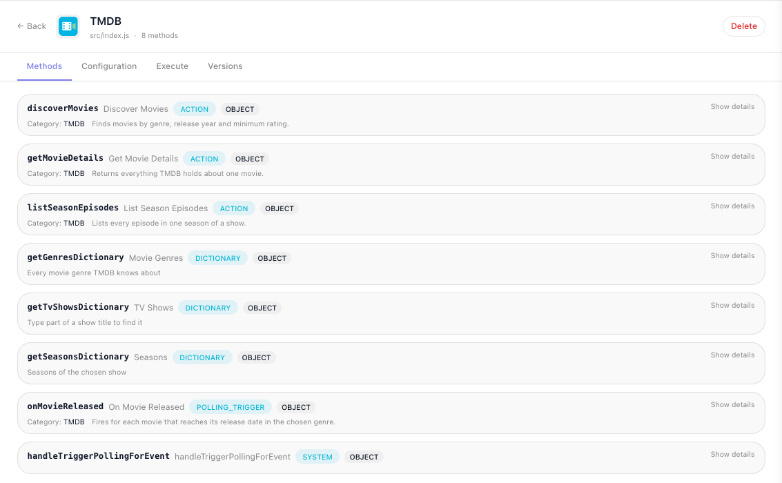 The Methods tab listing each declared item with its id, label, kind badge and description: three ACTION entries, three DICTIONARY entries, one POLLING_TRIGGER and one SYSTEM method