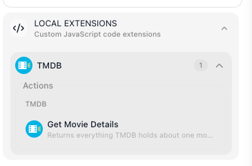 The block palette filtered to "movie", showing LOCAL EXTENSIONS, a TMDB group holding one action, and Get Movie Details beneath the Actions heading