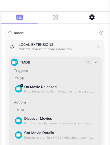 The flow editor's block palette filtered to "movie", showing a TMDB group under Local Extensions with its trigger On Movie Released and its actions Discover Movies and Get Movie Details