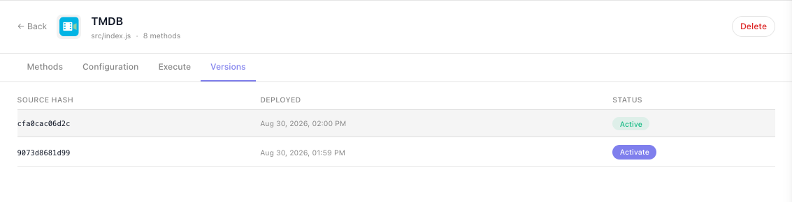 The Versions tab listing two deployed versions by source hash and timestamp, the newer marked Active and the older carrying an Activate button