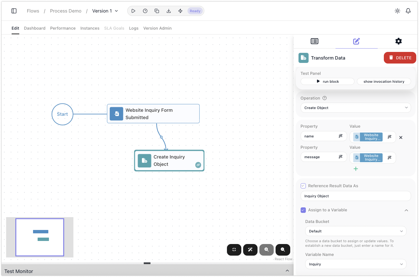 A block selected on the canvas with its configuration panel open: a Transform Data block named "Create Inquiry Object", its block-specific settings above, and the result alias set under Reference Result Data As, with an option to assign the result to a variable as well.