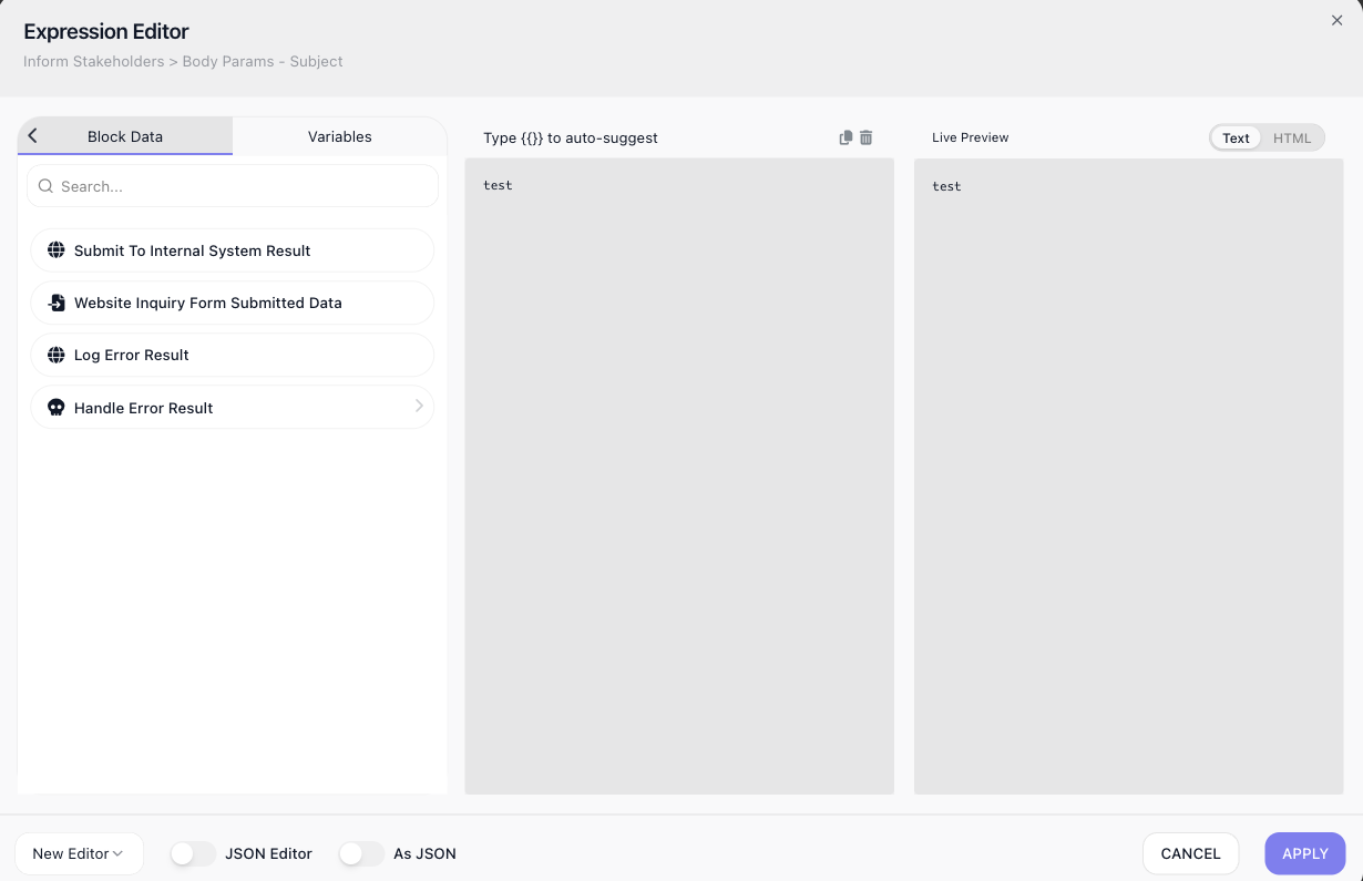 The Expression Editor open on a block: the Block Data tab lists the results of earlier blocks, with the expression in the middle and a Live Preview on the right.