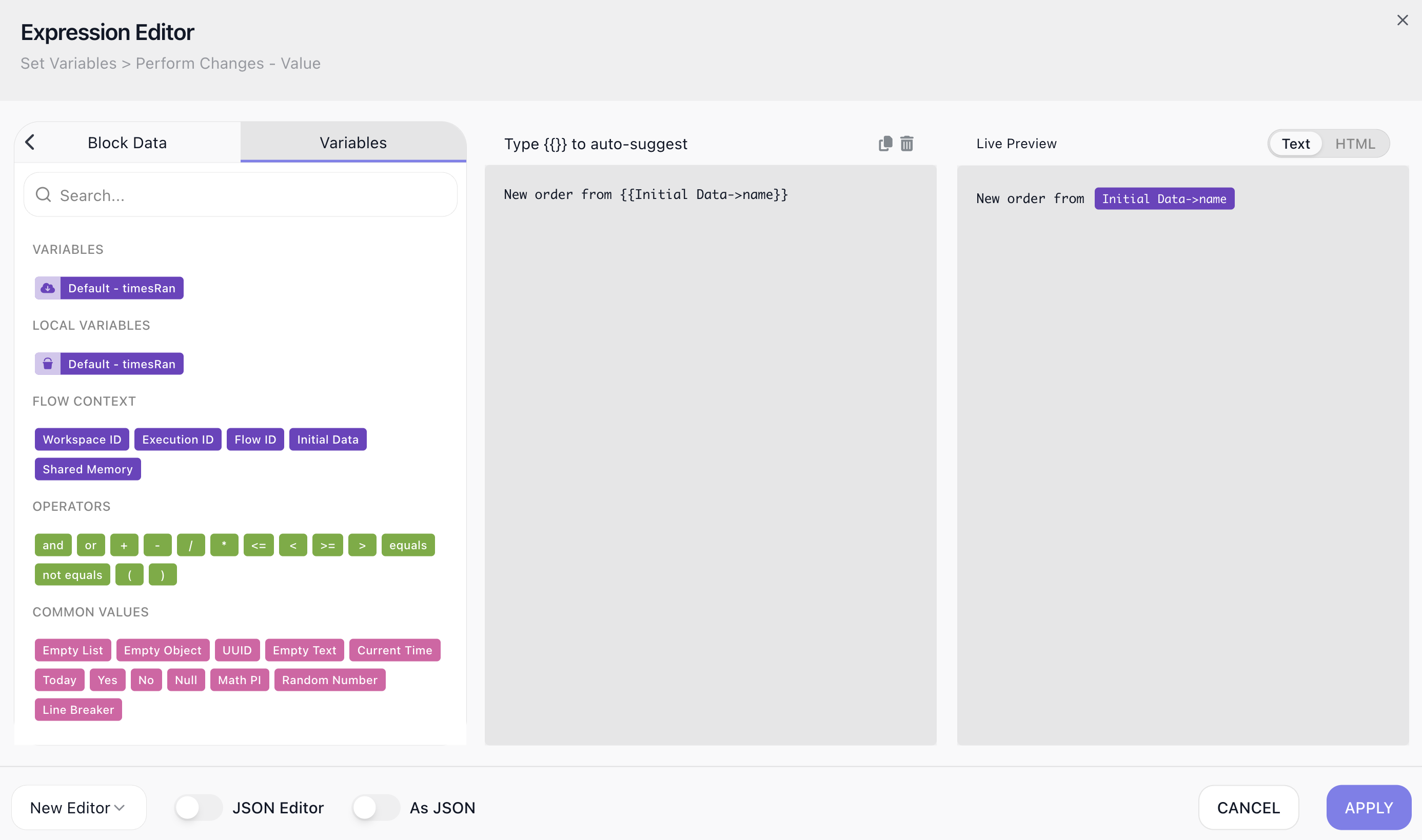 A value built from several pieces in the Editor - references and fixed text assembled into one expression - with the Live Preview showing what it resolves to.