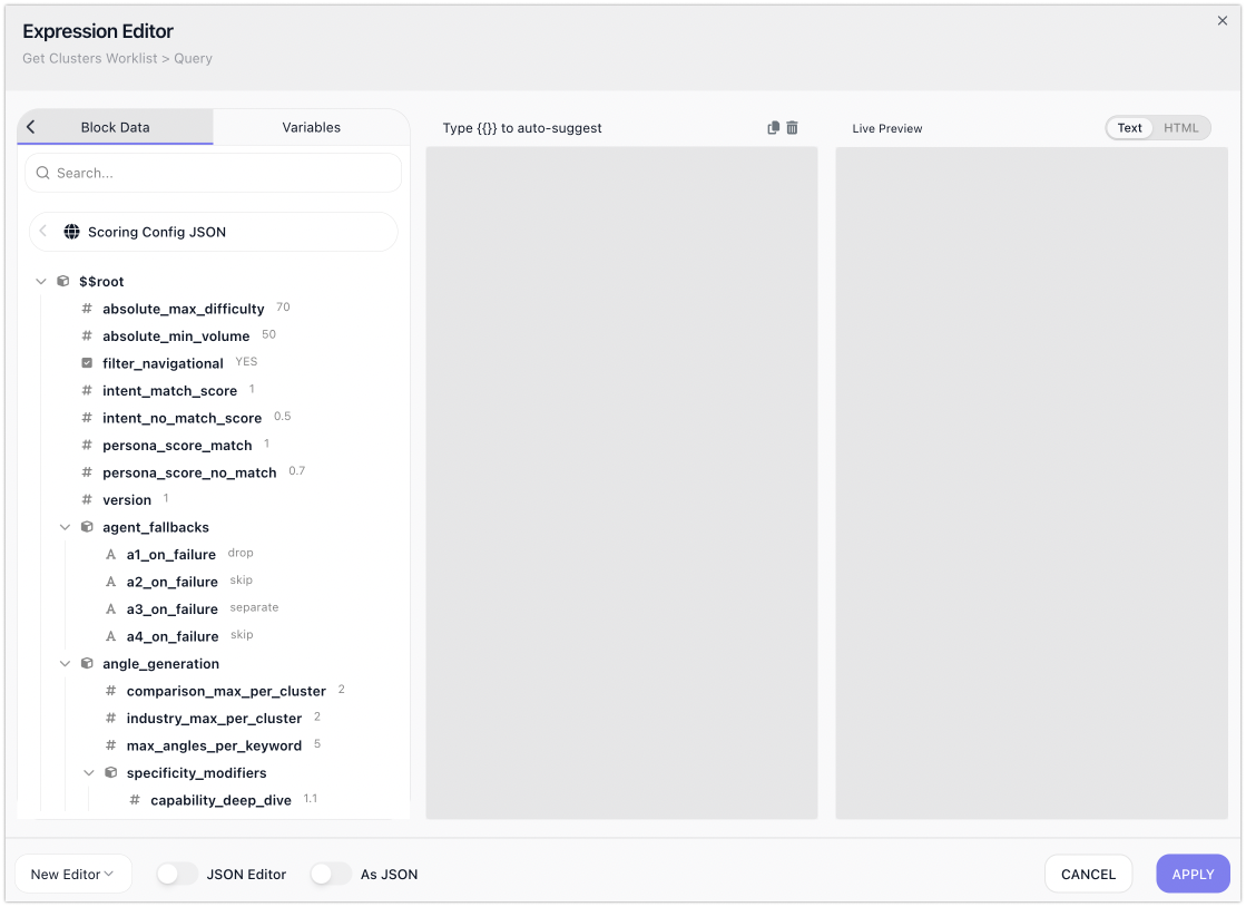 A result opened in the Block Data tab: $$root at the top, with its values beneath - simple fields alongside nested objects such as agent_fallbacks and angle_generation that open further.
