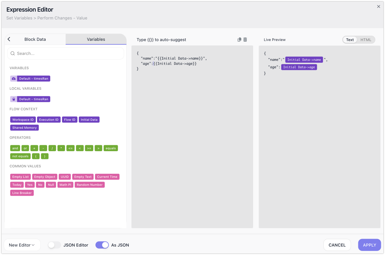 The Expression Editor with As JSON turned on: the value assembled as a JSON object whose fields hold references, with the Live Preview showing the resolved JSON.