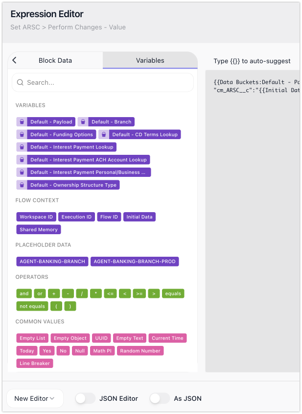 The Expression Editor's Variables tab: the flow's variables, the run's Flow Context values, the operators, and the common values you can drop into an expression.