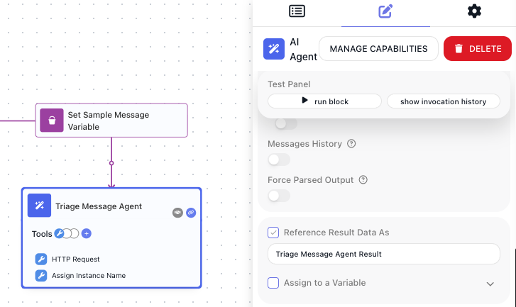 The AI Agent block's Reference Result Data As field holding the alias Triage Message Agent Result.