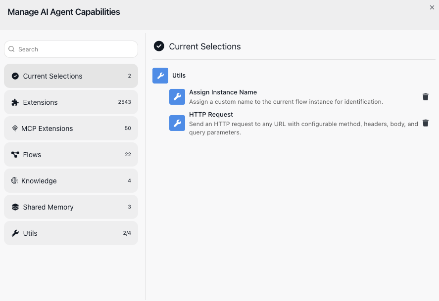 The Manage AI Agent Capabilities window with Utils selected, showing its four tools each with a plus, and Utils marked 2 of 4 after HTTP Request and Assign Instance Name are attached.