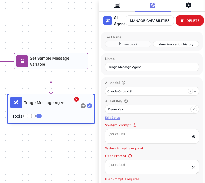 The AI Agent block's settings with a model chosen and the AI API Key field offering the keys saved for that provider.