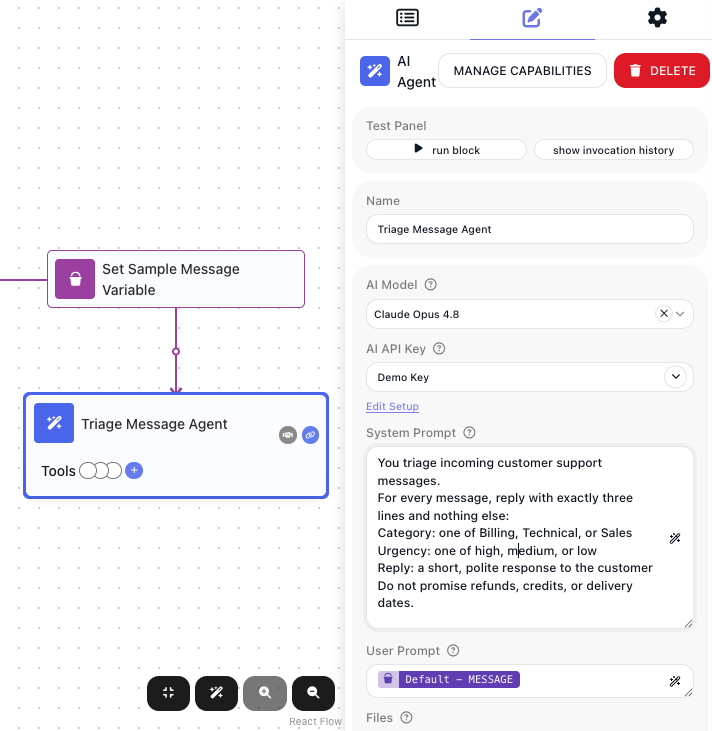 The AI Agent block's System Prompt holding the triage instruction, and the User Prompt holding a reference to the MESSAGE variable.