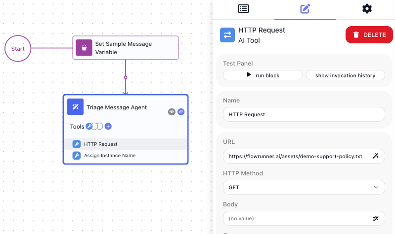 The attached HTTP Request tool's own settings, with its HTTP Method set to GET and its URL pinned to the support policy file.