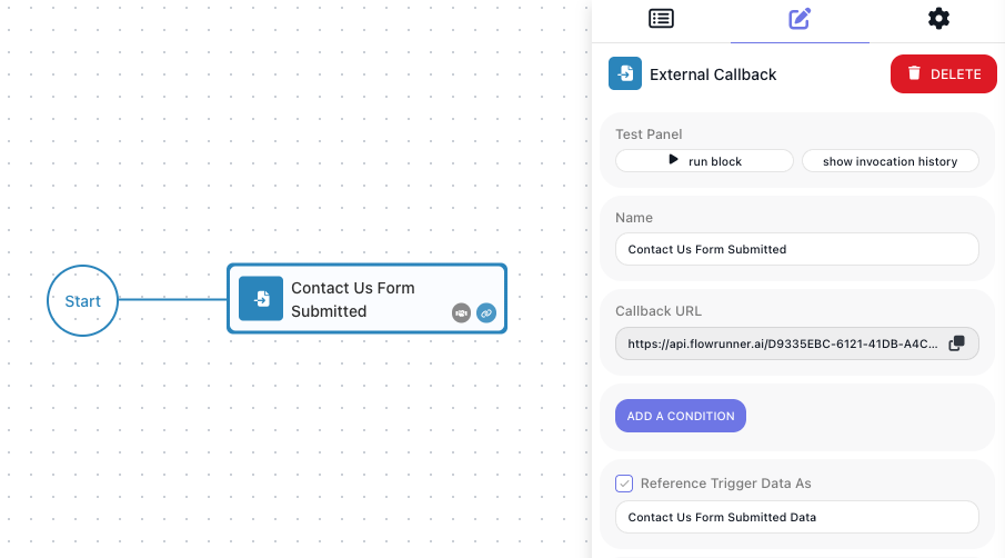 The External Callback block selected, its settings showing the generated Callback URL with a copy button.