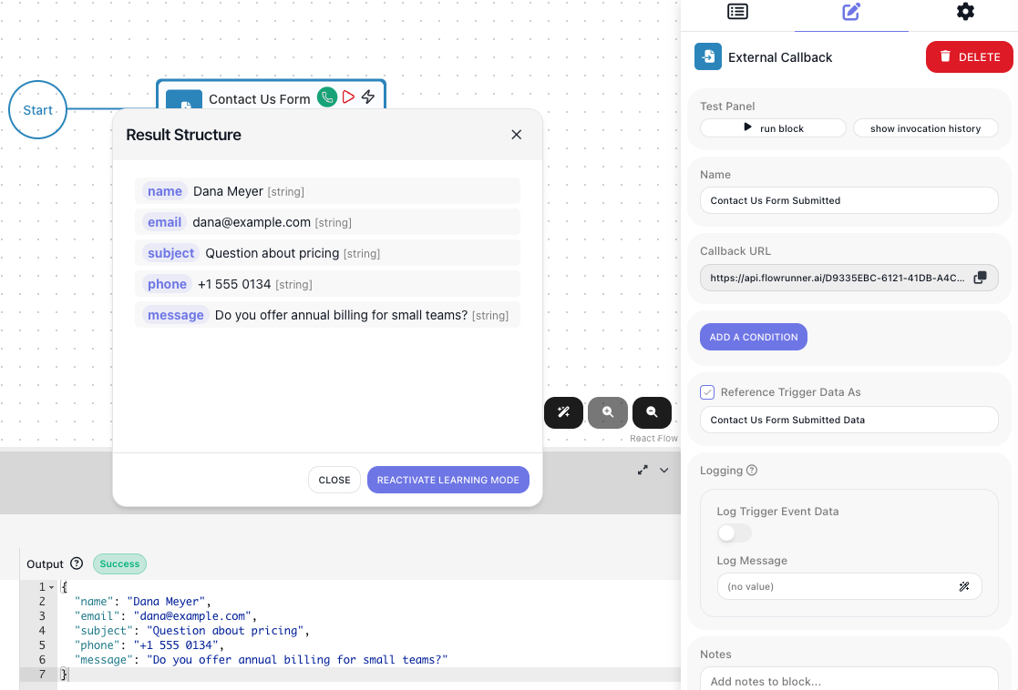 The trigger's Result Structure popup listing the learned fields - name, email, subject, phone, and message - each with its value and type.