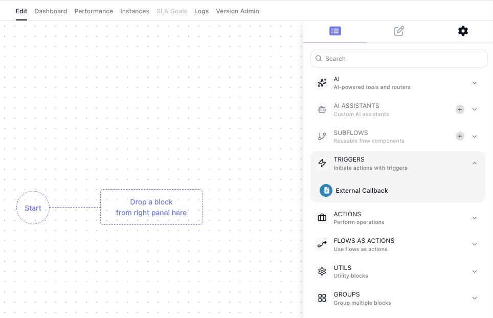 The block palette with the Triggers category expanded, showing the External Callback block ready to drag onto the canvas.