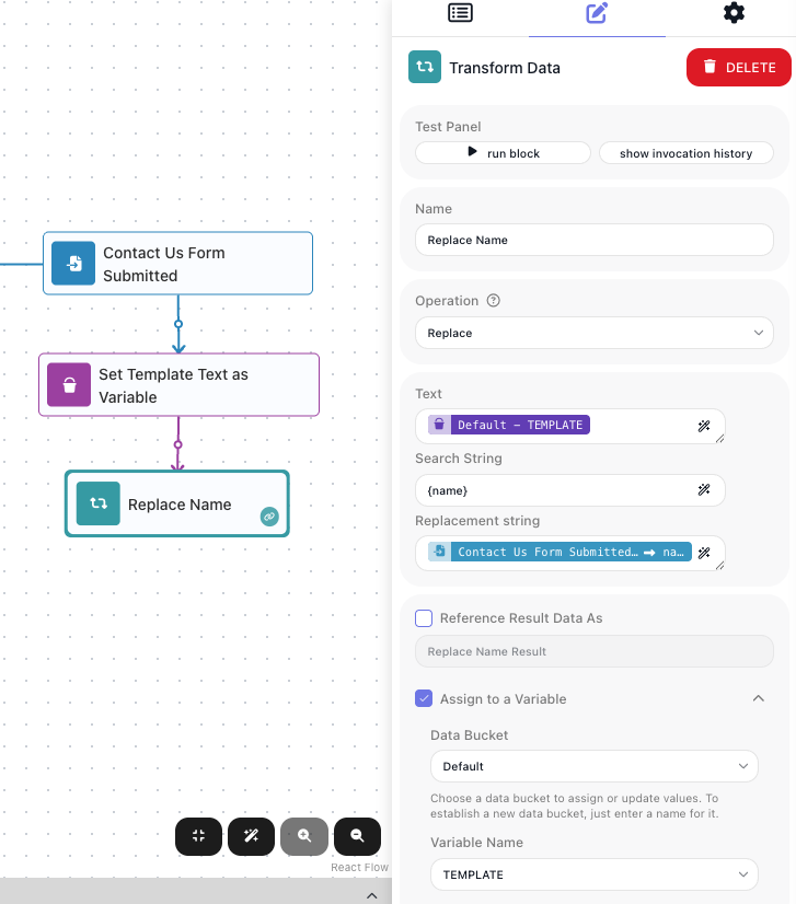 The Replace Name block's settings: Operation set to Replace, Text holding the TEMPLATE variable, Search String set to the name placeholder, Replacement string holding the submitted name, and Assign to a Variable turned on writing back to TEMPLATE.