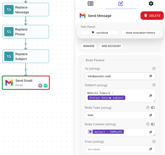The Send Email block's settings: the recipient address, a subject taken from the submitted subject, and the body set to the TEMPLATE variable.