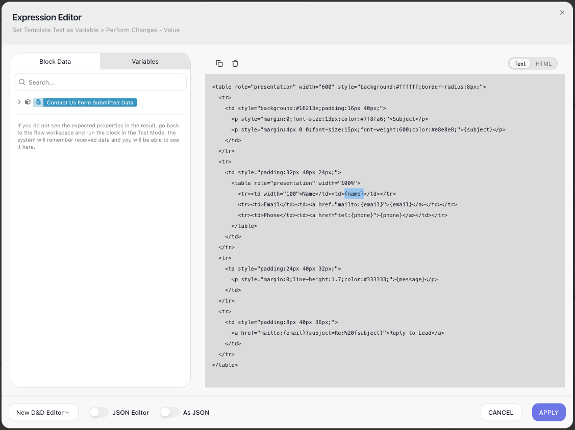 The Expression Editor open on the Set Template Text as Variable block's Value field: a Block Data tab listing Contact Us Form Submitted Data, a Variables tab beside it, the HTML template pasted into the editing area with its single-brace placeholders visible, and an Apply button.