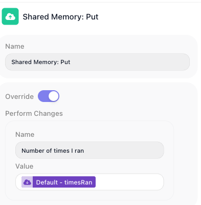The Shared Memory: Put block's configuration: an Override toggle turned on, and a Perform Changes entry with the name "Number of times I ran" and a value - the value stored under that name.