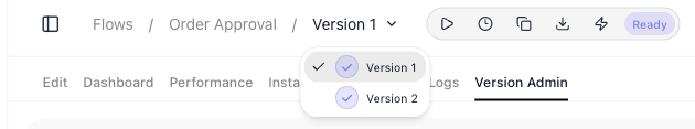 The flow breadcrumb with the version selector open, listing Version 1 and Version 2, next to the flow's toolbar.