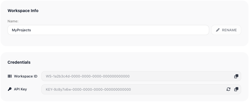 The General page's Credentials section: a Workspace ID and an API Key, each a read-only value with a copy button, the API Key also carrying a refresh icon to regenerate it.
