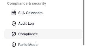 The workspace left navigation showing the Compliance & security group with its four items: SLA Calendars, Audit Log, Compliance, and Panic Mode.