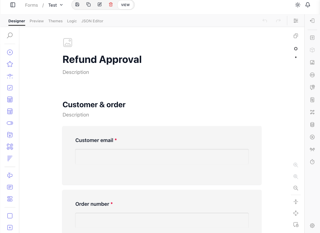The form builder's Designer tab: the "Refund Approval" form taking shape, a question toolbox down the left and the form's pages on the canvas.
